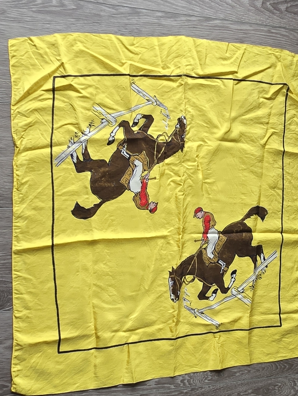 Vintage Yellow Equestrian Scarf Horse Jumping Jockey Novelty Print Bandana 26"